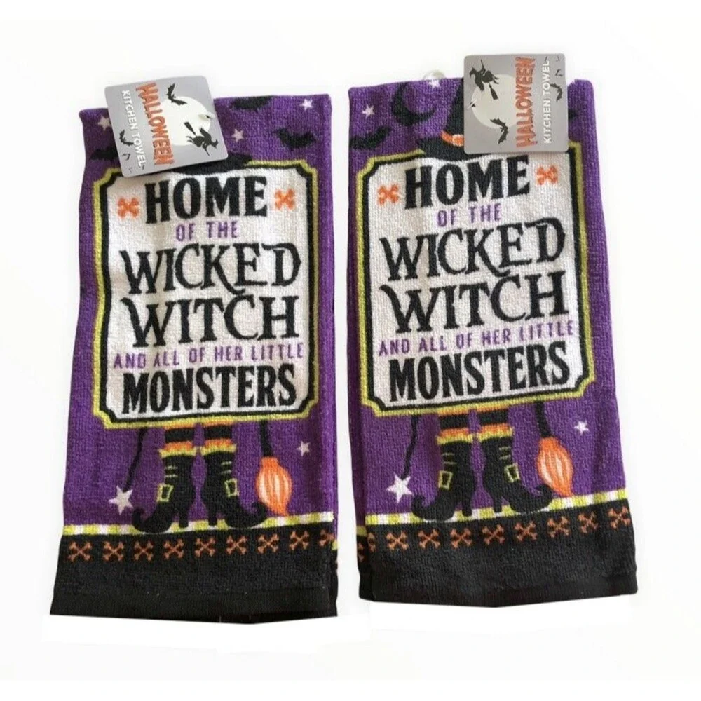 Halloween Trick Treat Kitchen Dish Towels Home of Wicked Witch Monster Set of 2